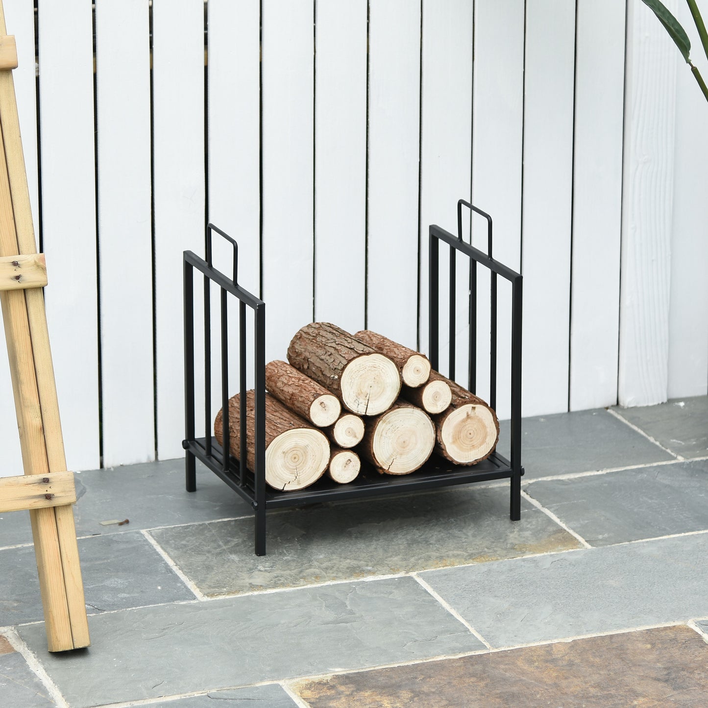 Outsunny Kaminholzregal für innen 44,5 x 33 x 46,5cm Brennholzregal mit Griffe für Feuerholz, Brennholz Metall Schwarz