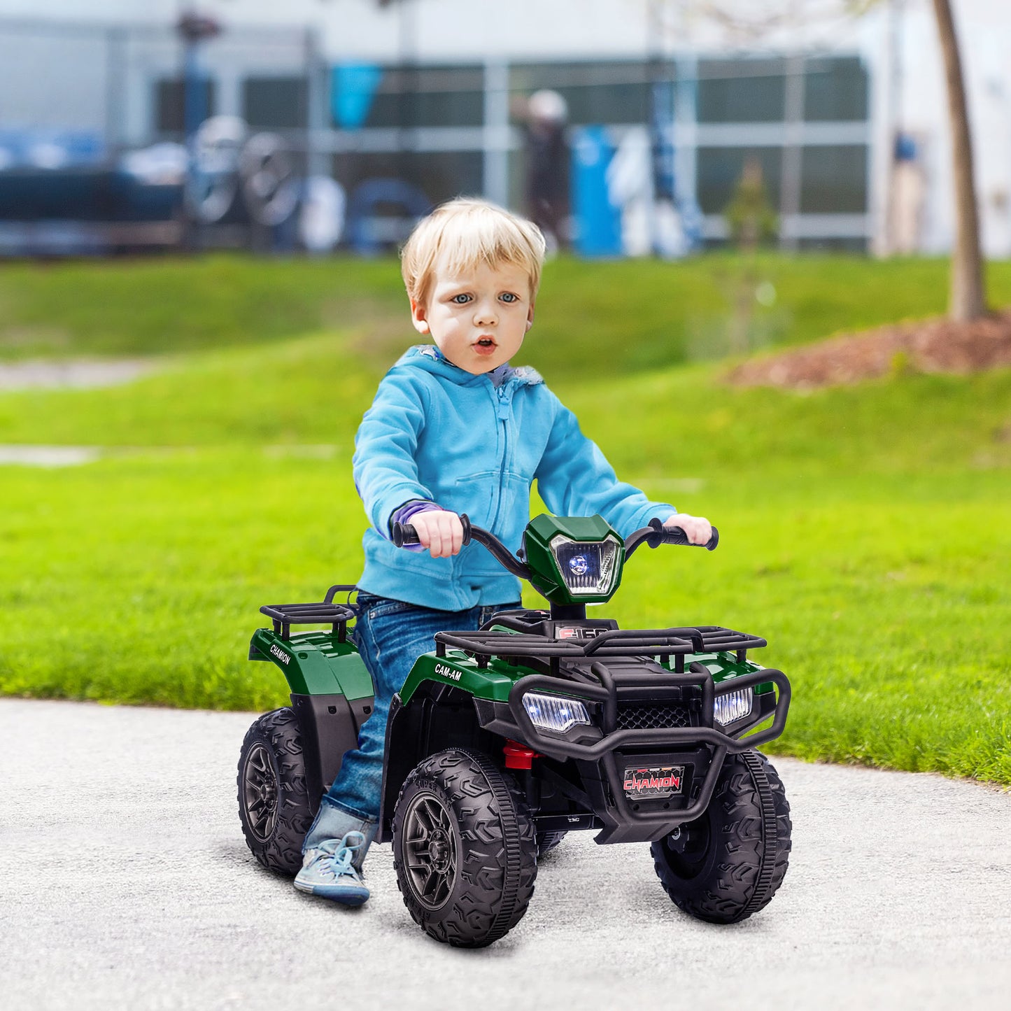 HOMCOM Kinder-Elektroquad, max. 4 km/h, ab 3 Jahren, LED-Scheinwerfer, Musikanschluss, schwarz+grün 88 x 45 x 50 cm