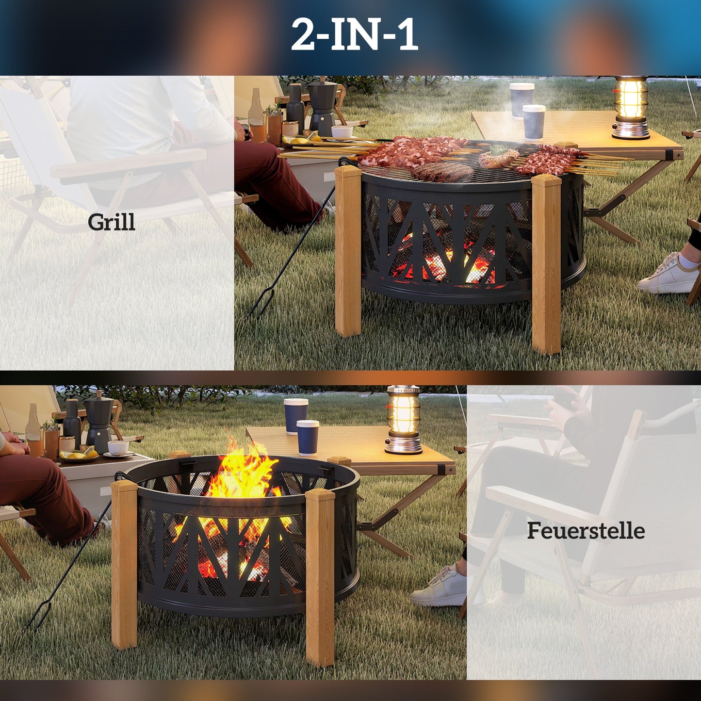 Outsunny 2-in-1 Feuerschale Ø75 x 58 cm Feuerstelle mit Funkenschutz Schürhaken Grillrost Schwarz