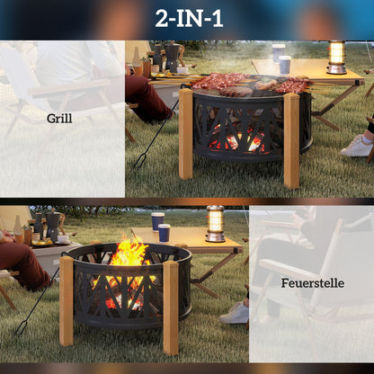 Outsunny 2-in-1 Feuerschale Ø75 x 58 cm Feuerstelle mit Funkenschutz Schürhaken Grillrost Schwarz