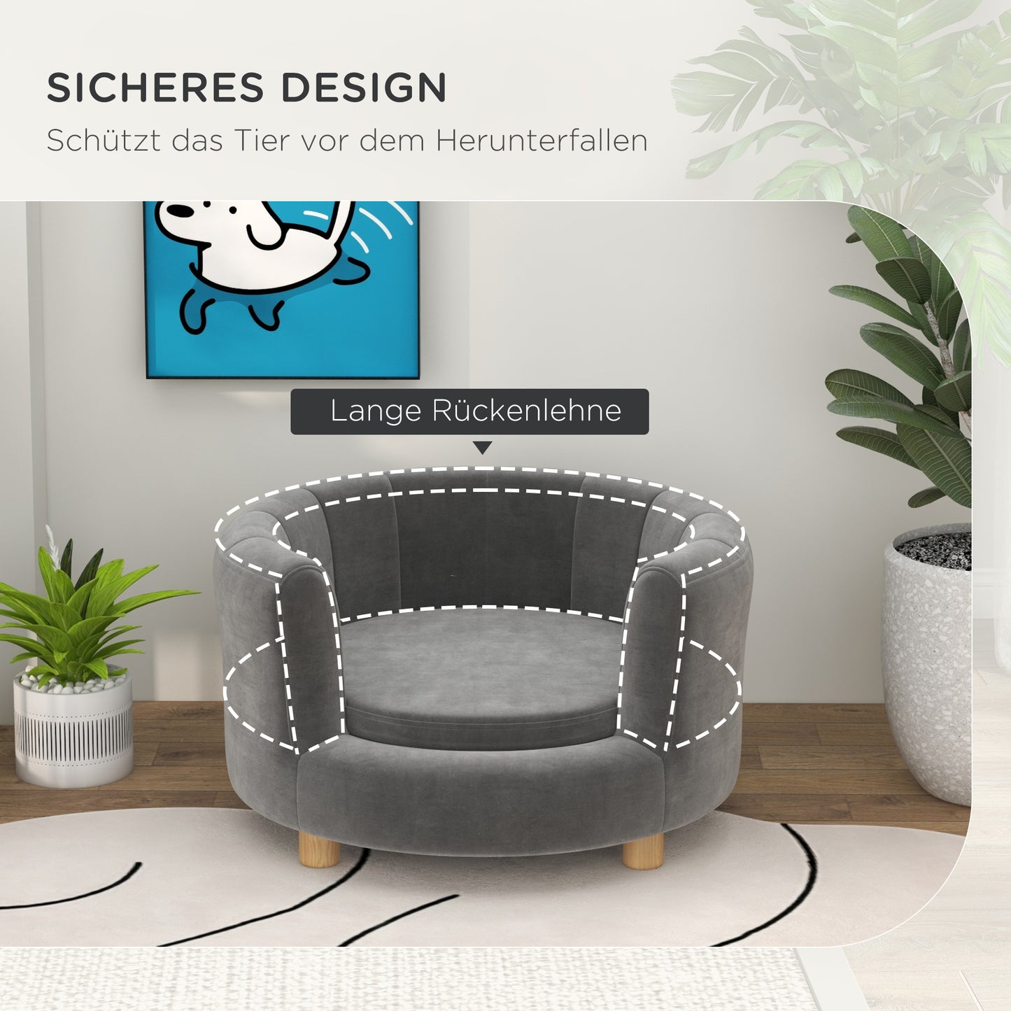 PawHut Haustierbett für Hunde und Katzen, Holzbeine, erhöht, Flanellbezug, abnehmbares Kissen, Grau