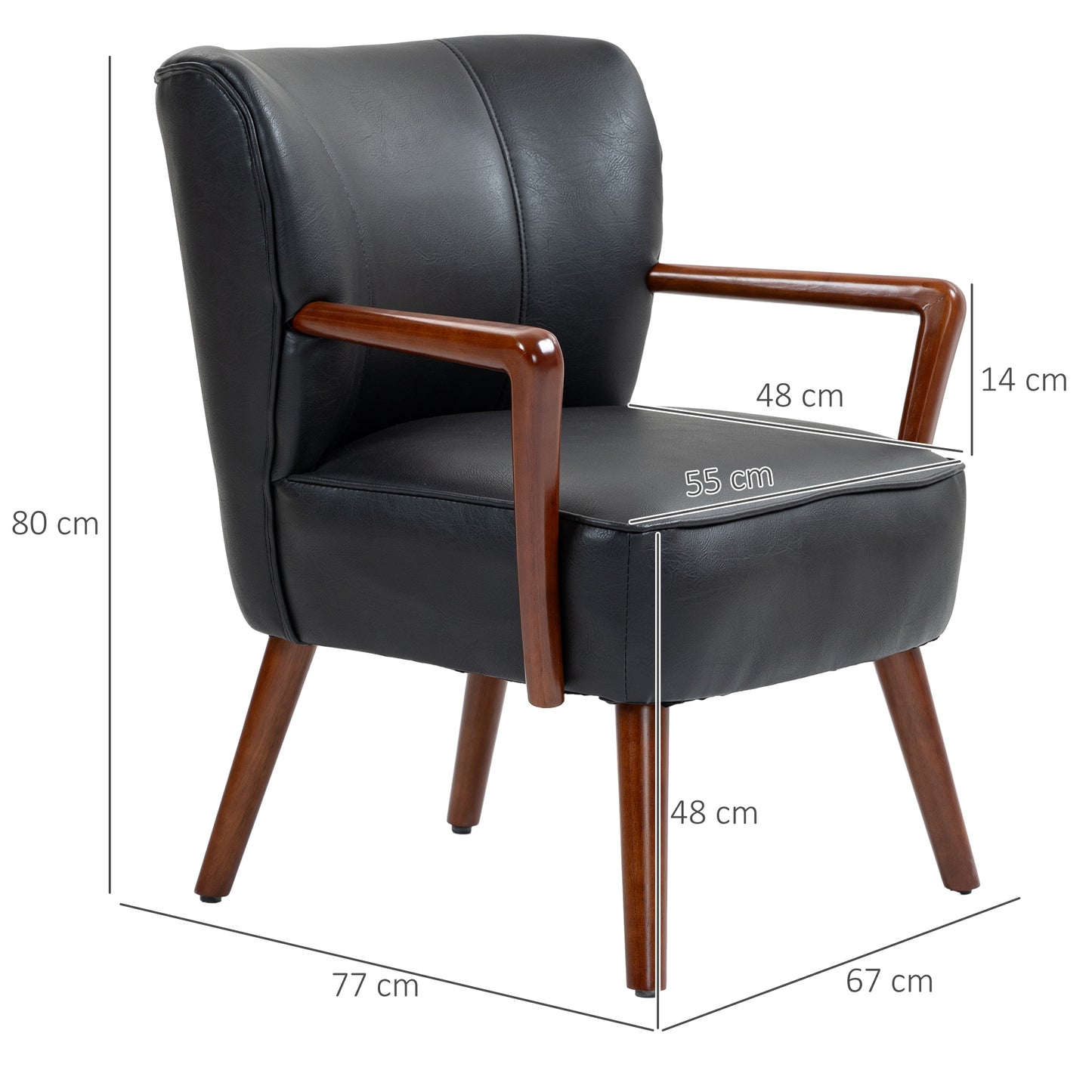 HOMCOM Akzentsessel, breiter Sitz, Lederoptik, Holzrahmen, bis 120 kg, 67x77x80 cm, Schwarz
