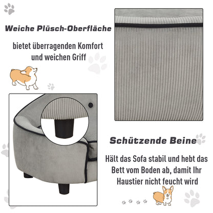 PawHut Haustiersofa, Hundebett, Hundematte, Hundesofa, Naturholz+Plüsch, Grau, 66,5 x 45 x 35,5 cm