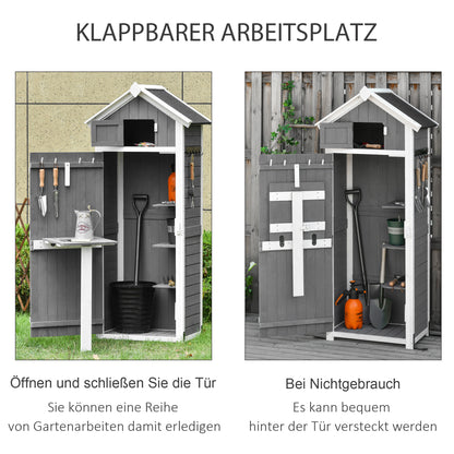 Outsunny Gartenschrank Holz, Geräteschuppen wetterfest 78x52,5x182cm, Gerätehaus mit Tür, Satteldach, Geräteschrank mit Haken, faltbar Tisch, Werkzeugschrank Gartenschuppen für Garten, Terrasse, Grau