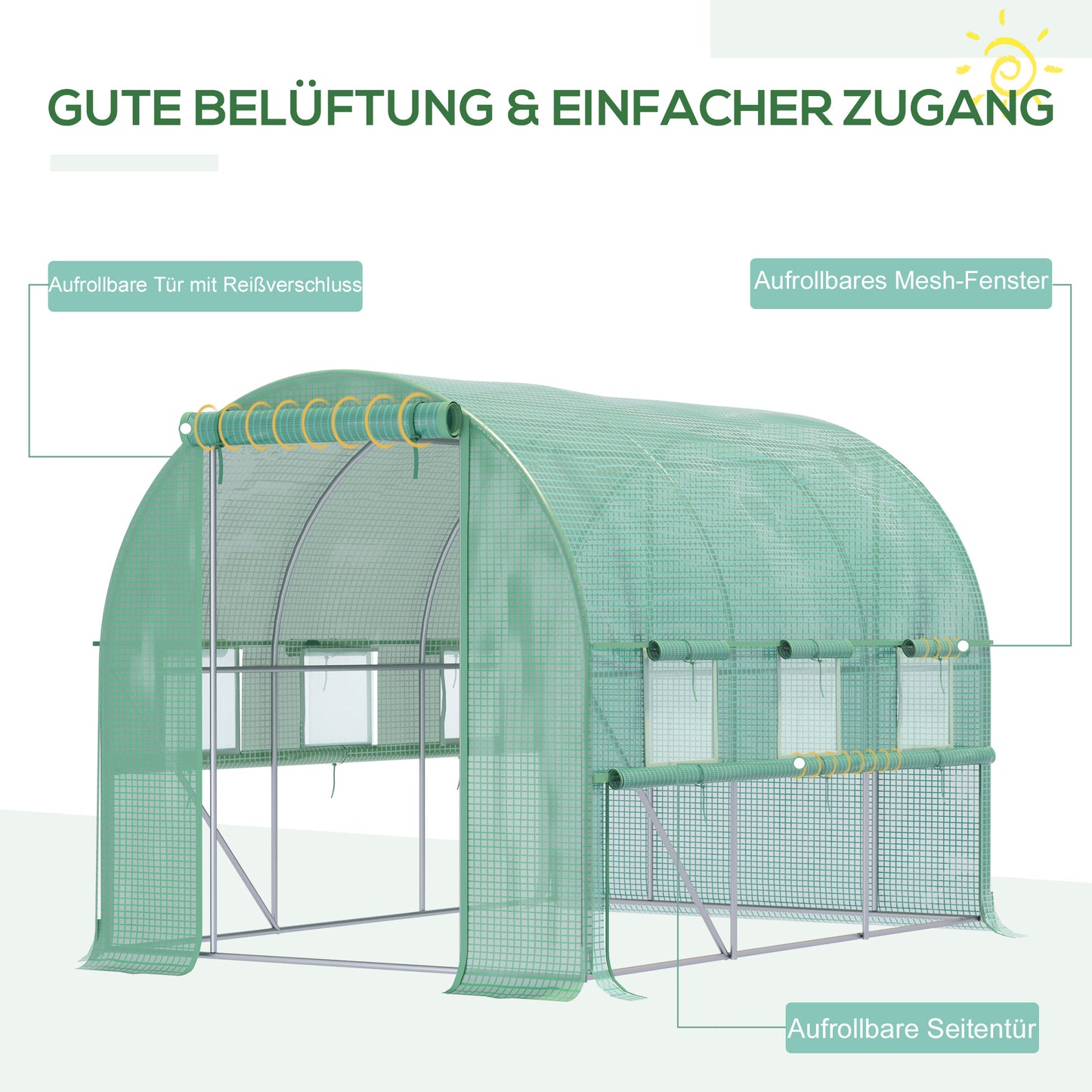 Outsunny Foliengewächshaus, 6 aufrollbare Fenster, Tür mit Reißverschluss, rostfreier Stahlrahmen, 2,95 x 2 x 2 m, Grün