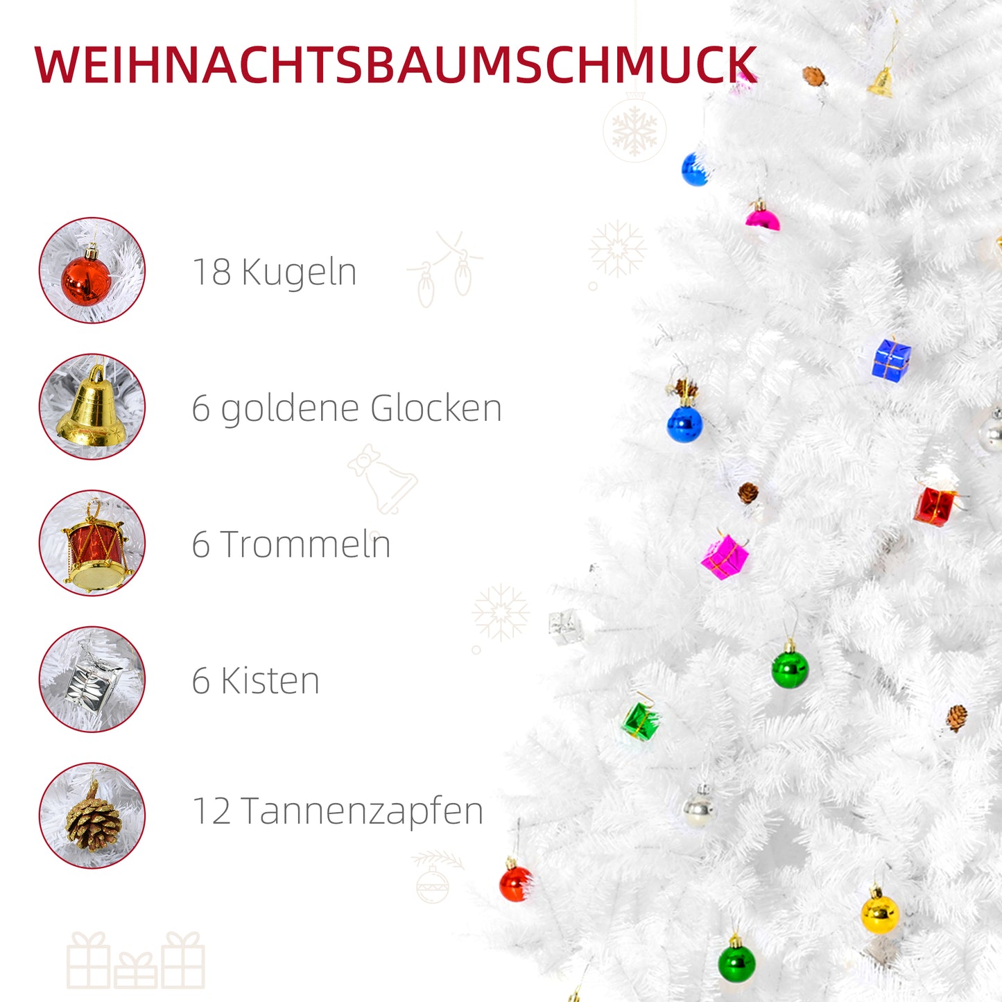 HOMCOM Künstlicher Weihnachtsbaum 180 cm künstlich Tannenbaum mit Kugeln, Glocken, Trommeln, Geschenkboxen, Christbaum mit 930 Spitzen, 12 Tannenzapfen Weihnachtsdeko inkl. Metallständer für drinnen
