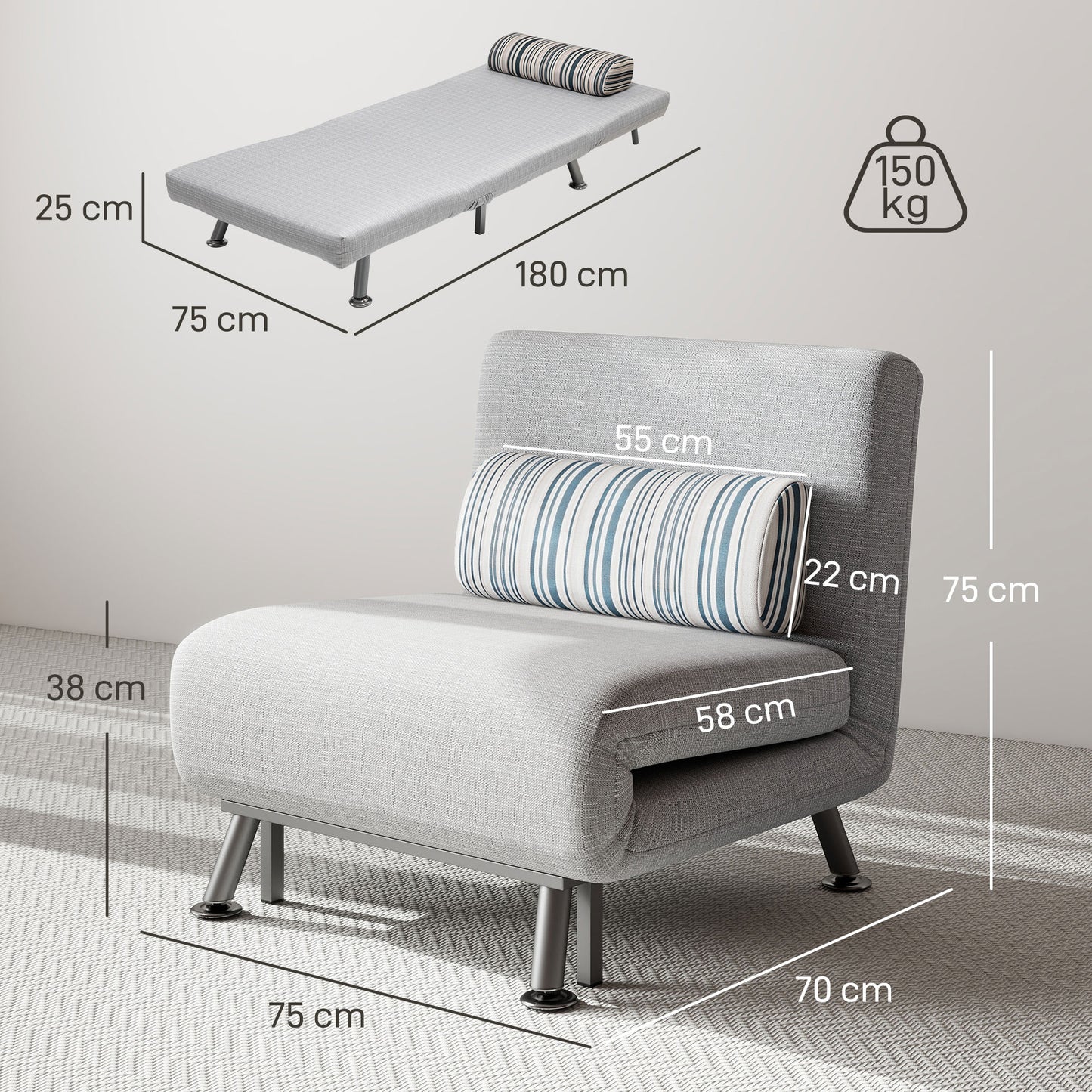 HOMCOM Klappsessel mit Bettfunktion, klappbarer Relaxsessel in Leinenoptik, Verstellbare Rückenlehne, 75 x 70 x 75 cm, Grau