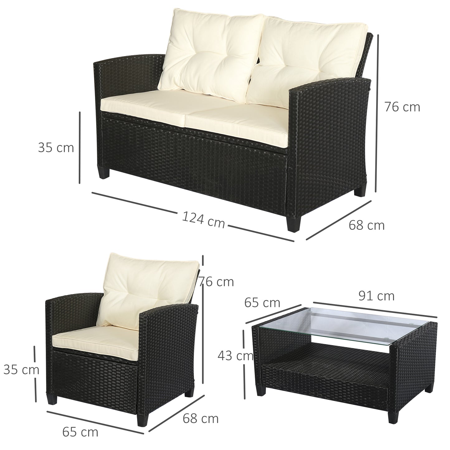 Outsunny Gartenmöbel-Set. 4-tlg., 2 Sessel, 1 Sofa, 1 Couchtisch, abnehmbare Polster, PE-Rattan, Schwarz