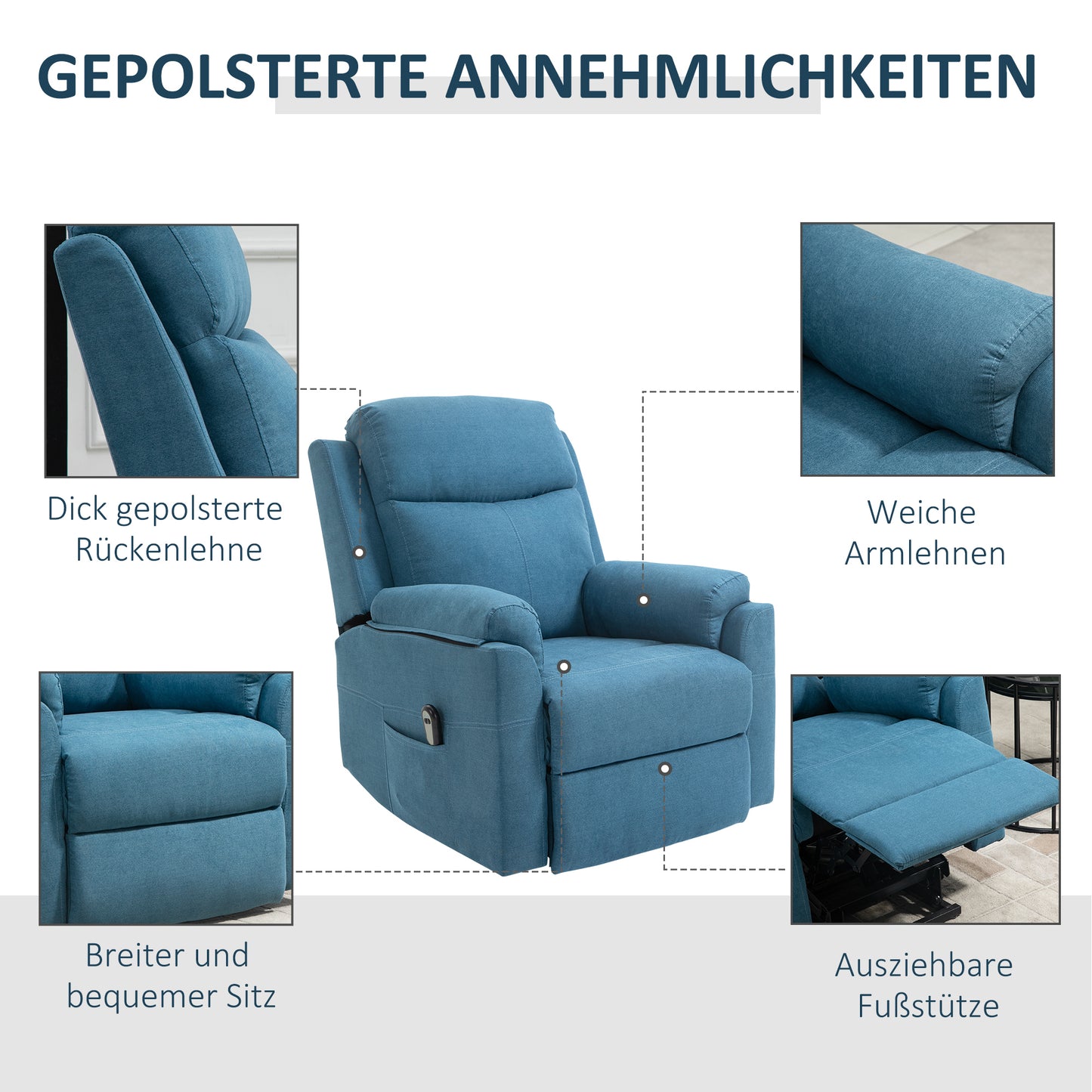 HOMCOM Fernsehsessel mit Aufstehhilfe Elektrisch Relaxsessel mit Liegefunktion, TV-Sessel mit Fernbedienung Seitentasche Taschenfederkern Leinenoptik Blau