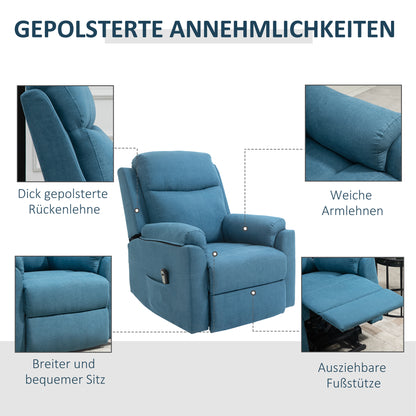HOMCOM Fernsehsessel mit Aufstehhilfe Elektrisch Relaxsessel mit Liegefunktion, TV-Sessel mit Fernbedienung Seitentasche Taschenfederkern Leinenoptik Blau