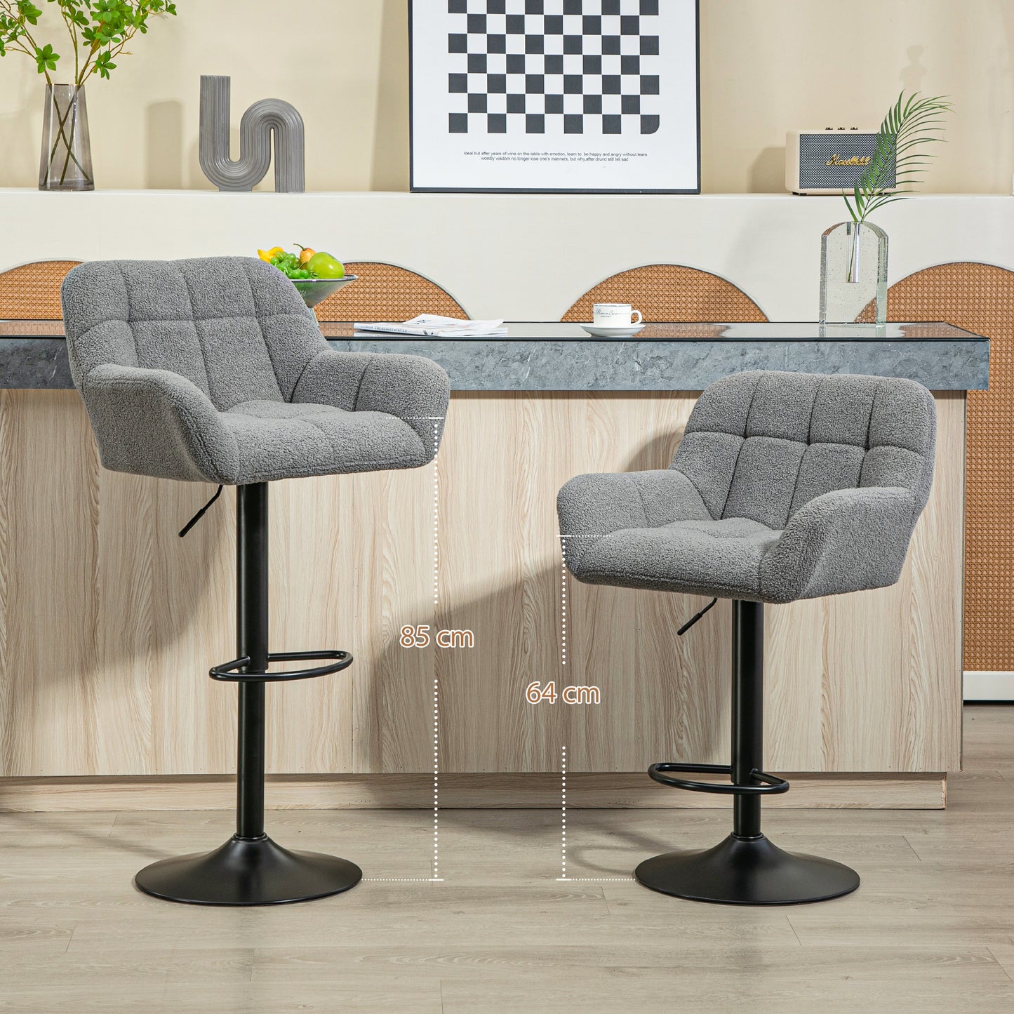 HOMCOM Barhocker 2er-Set Retro-Design höhenverstellbar Fleece-Optik Grau + Schwarz