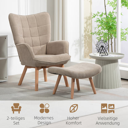 HOMCOM Akzentsessel mit Hocker, Relaxsessel in Cord-Optik, Armlehnstuhl mit Holzbeinen, für Wohnzimmer, Hellbraun