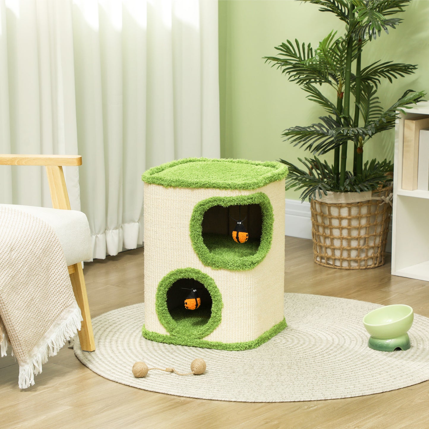PawHut Kratzturm, 52 cm, Katzenhöhle mit Plüsch, Kratzfläche, Spielzeug, Grün/Cremeweiß