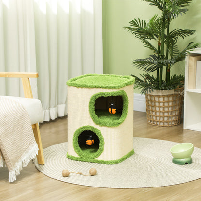 PawHut Kratzturm, 52 cm, Katzenhöhle mit Plüsch, Kratzfläche, Spielzeug, Grün/Cremeweiß