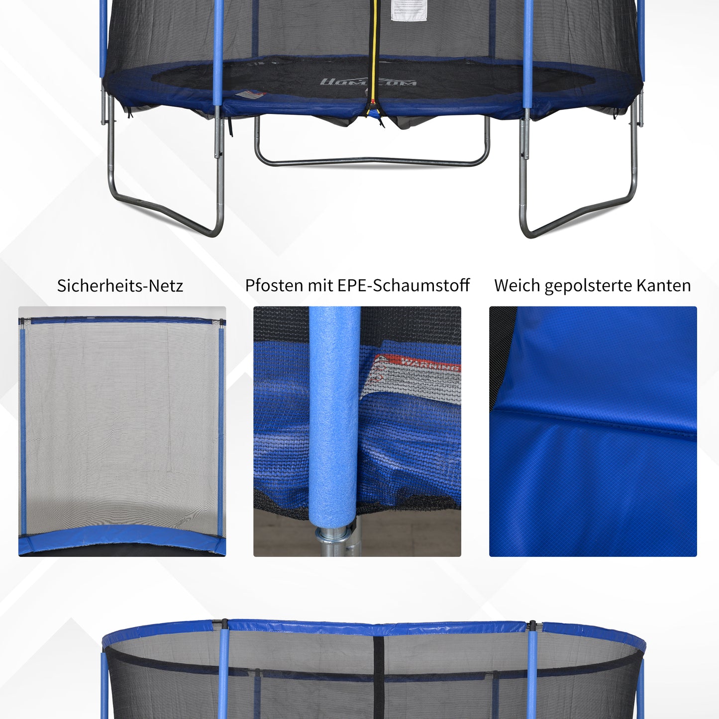 HOMCOM Trampolin mit Sicherheitsnetz Gartentrampolin für Innen- und Außenbereich Fitnesstrampolin für Jugendliche und Erwachsene Stahl Blau+Schwarz bis 113,6 kg Ø305 x 248H cm