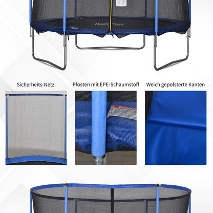 HOMCOM Trampolin mit Sicherheitsnetz Gartentrampolin für Innen- und Außenbereich Fitnesstrampolin für Jugendliche und Erwachsene Stahl Blau+Schwarz bis 113,6 kg Ø305 x 248H cm