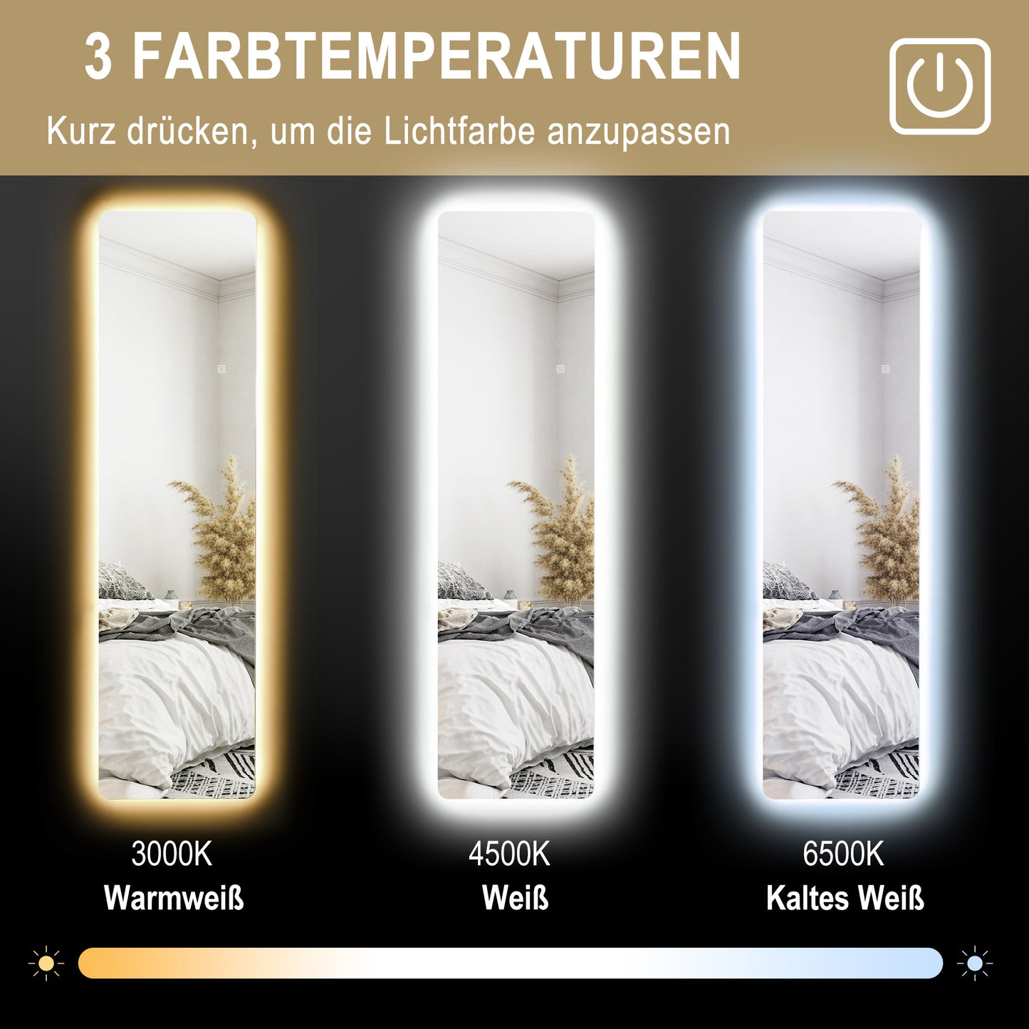 HOMCOM LED Ganzkörperspiegel, Touch-Steuerung, dimmbar, rahmenlos, 40 x 150 cm