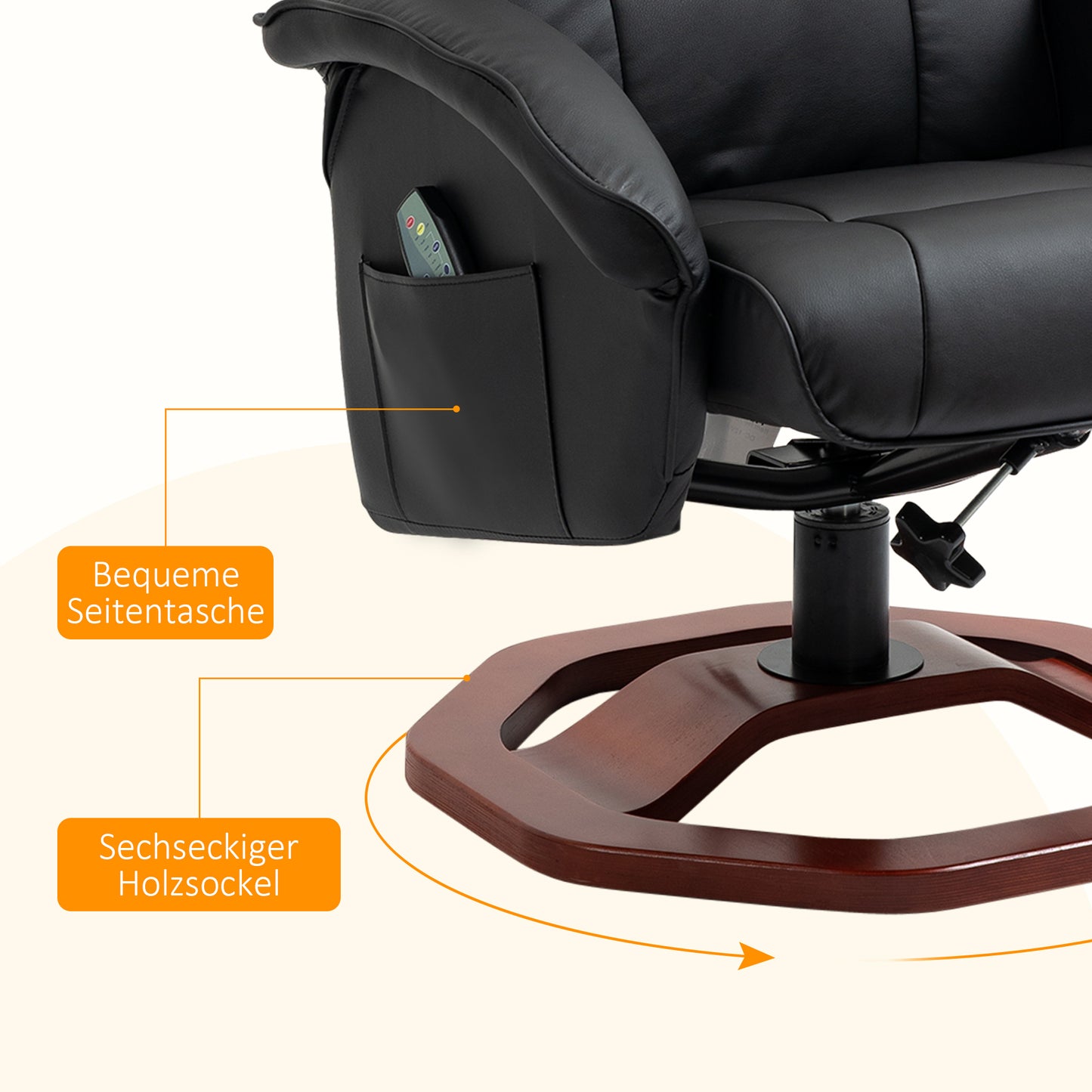 HOMCOM Massagesessel, mit Fußhocker, 10 Massagepunkte, Liegefunktion, drehbarer Sitz, Schwarz, 73 x 83 x 106cm