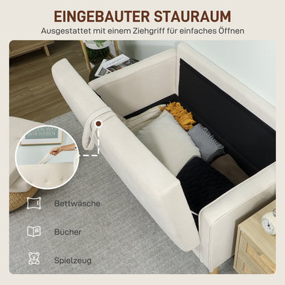 HOMCOM Zweisitzer-Sofa mit Stauraum, Knopfheftung, Kissen, Kautschukbaumholz, 117x62x78cm, Cremeweiß