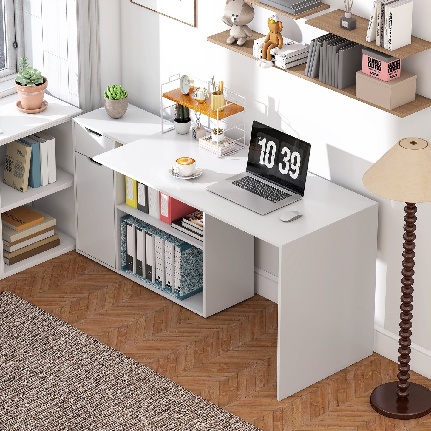 HOMCOM Flexibler Schreibtisch, 2-stufiger Schrank, Schublade, offene Fächer, Holz, Weiß
