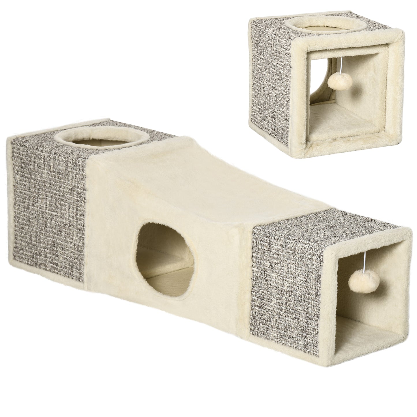 PawHut Katzentunnel, 2 Katzenhöhlen, Kratzflächen und Ballspielzeug, 98 cm x 30 cm x 30 cm, Braun + Beige
