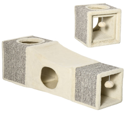 PawHut Katzentunnel, 2 Katzenhöhlen, Kratzflächen und Ballspielzeug, 98 cm x 30 cm x 30 cm, Braun + Beige