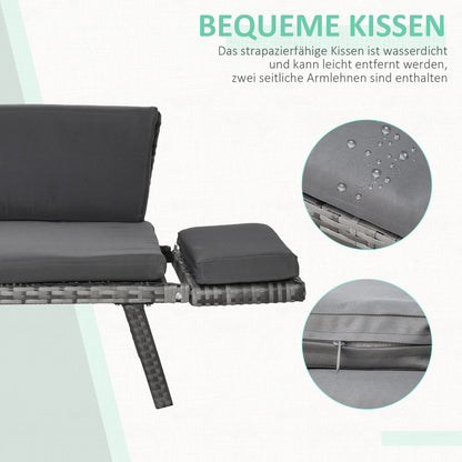 Outsunny Polyrattan Gartensofa 2 Sitzer Gartenmöbel Loungesofa Gartenbank Gartenliege klappbar Armlehnen Stahl Grau 129 x 63 x 67 cm