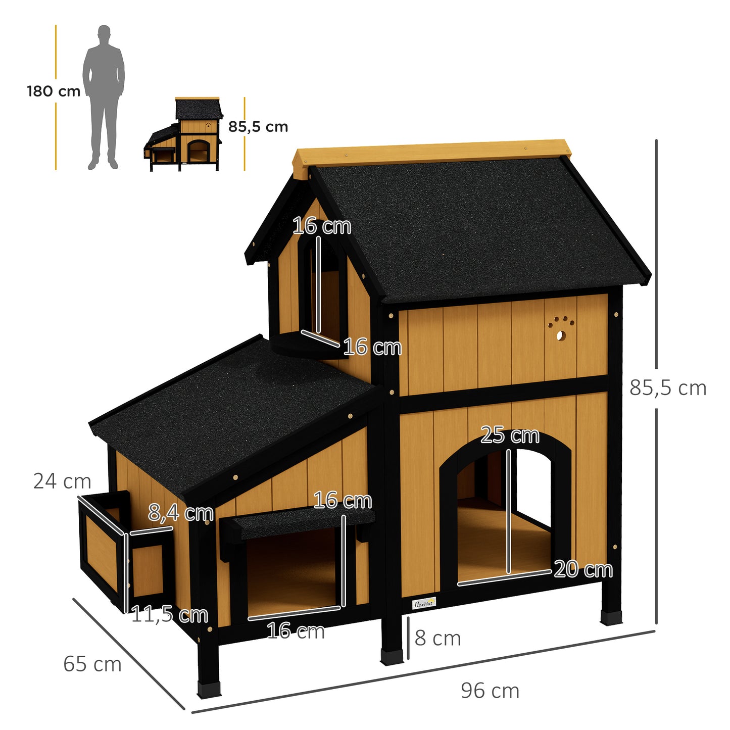PawHut Katzenhaus Katzenhütte Katzenhöhle, inkl. Blumenkasten, 96 cm x 65 cm x 85,5 cm, Gelb + Weiß + Schwarz