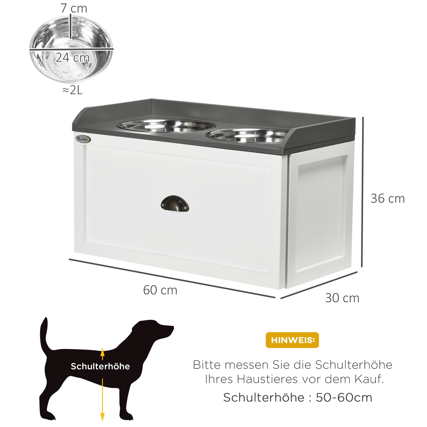 PawHut Futterstation, 2 Fressnäpfe je 2 Liter, Edelstahl, mit Schublade, für große Hunde, weiß+grau, 60 x 30 x 36 cm