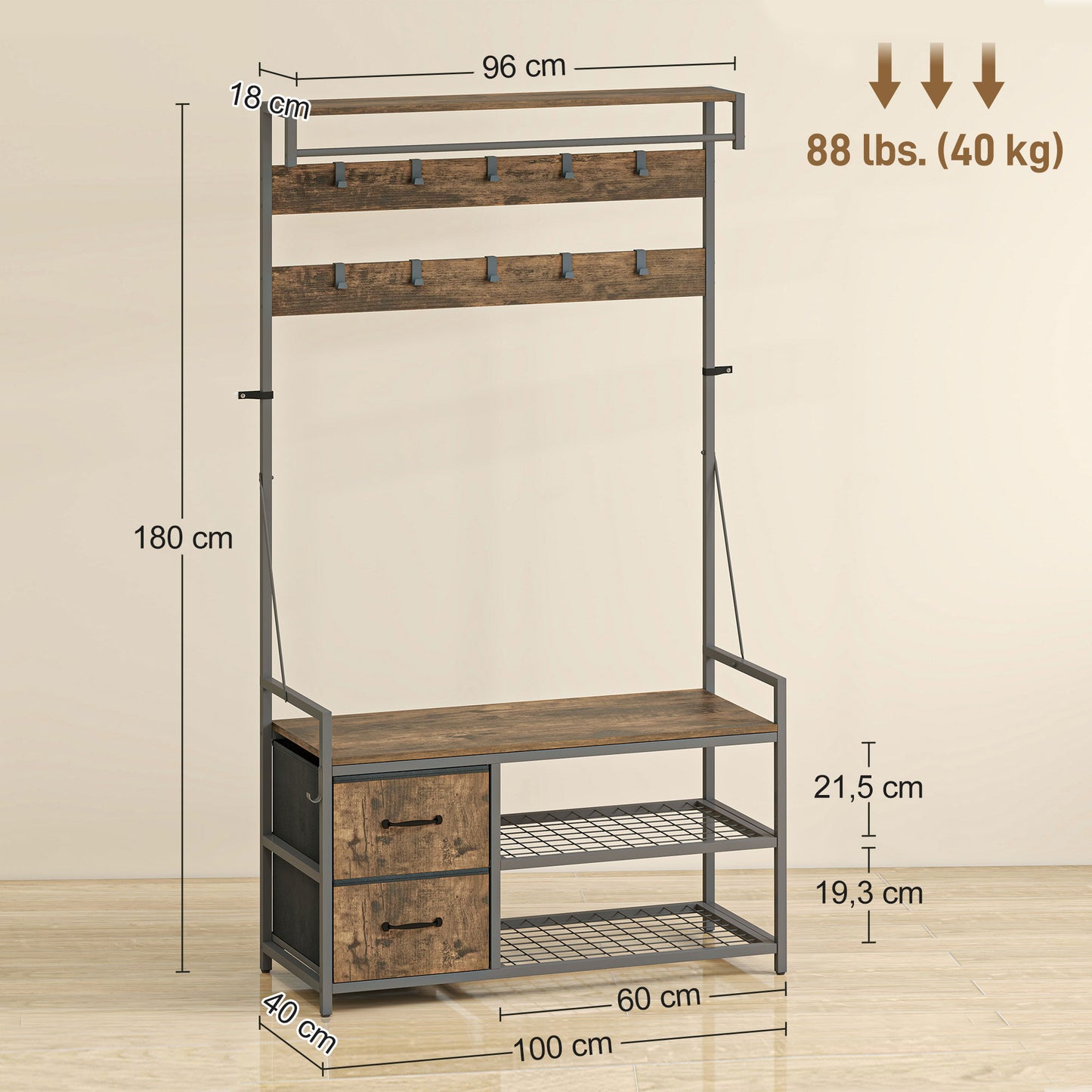 HOMCOM 6-in-1 Garderobenständer mit Sitzbank und Schuhregal, Industrie-Stil, 10 Haken, 2 Stoffschubladen, Metall, Braun