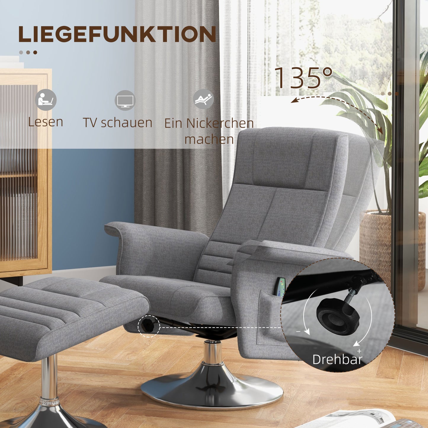 HOMCOM Massagesessel mit Hocker, neigbare Lehne, 78 x 95 x 88 cm, Dunkelgrau