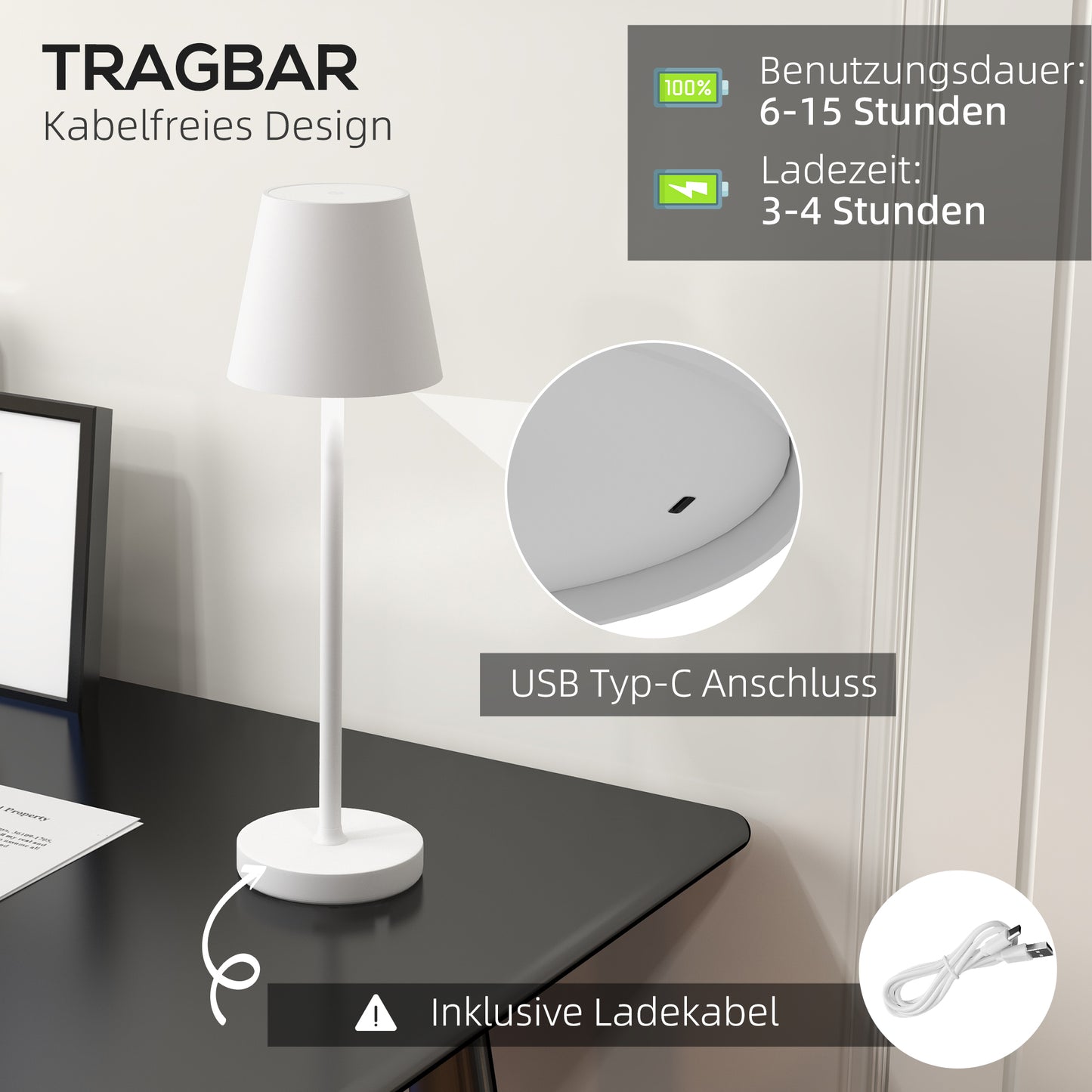 HOMCOM Aufladbare USB-Tischleuchte mit 3 Lichtfarben, Tragbare USB-Nachttischlampe mit Touch-Schalter, Metall, Weiß