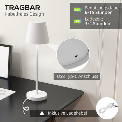HOMCOM Aufladbare USB-Tischleuchte mit 3 Lichtfarben, Tragbare USB-Nachttischlampe mit Touch-Schalter, Metall, Weiß