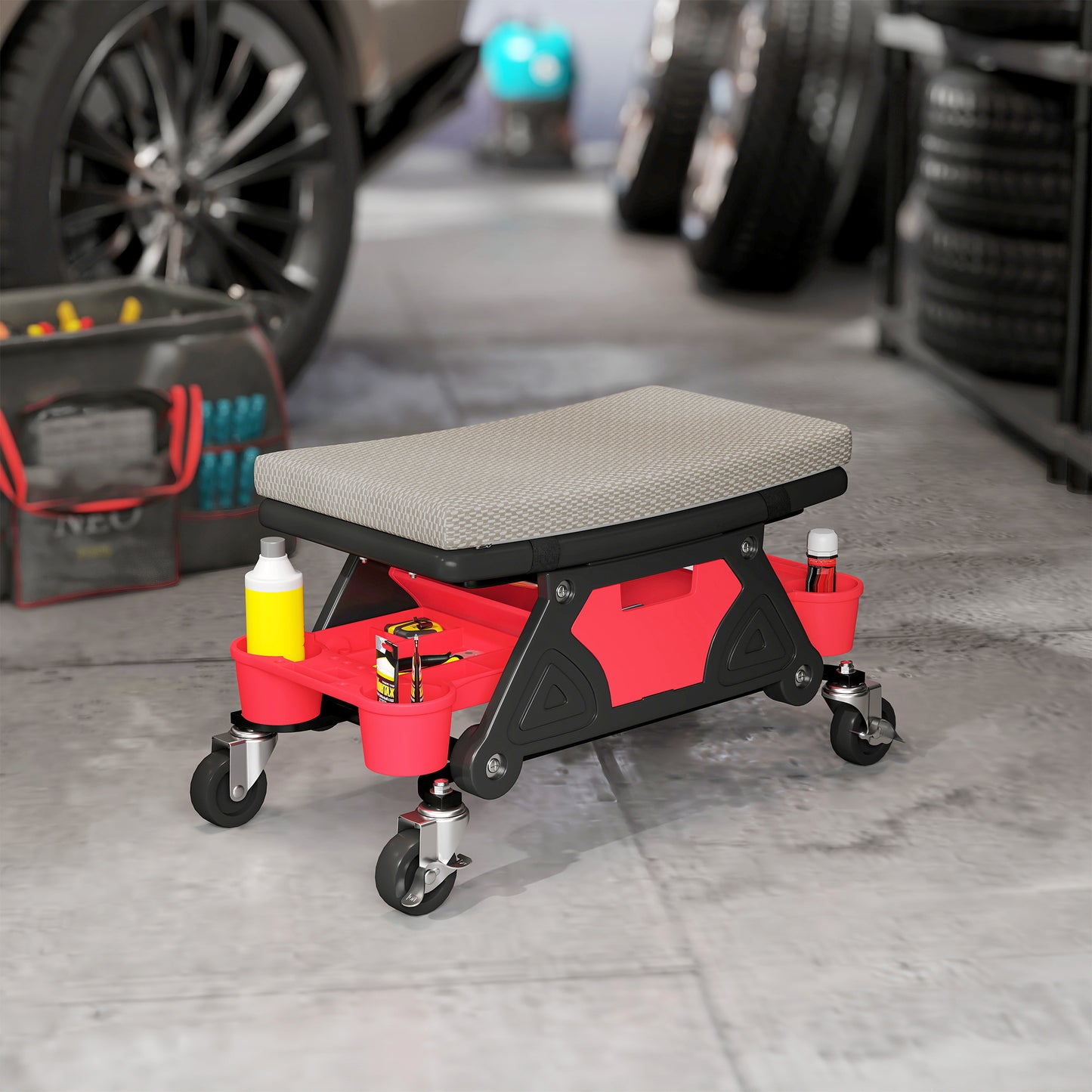 HOMCOM Werkstatthocker mit Rollen Ablagefläche 35cm hoch Rollhocker bis 135 kg belastbar Grau