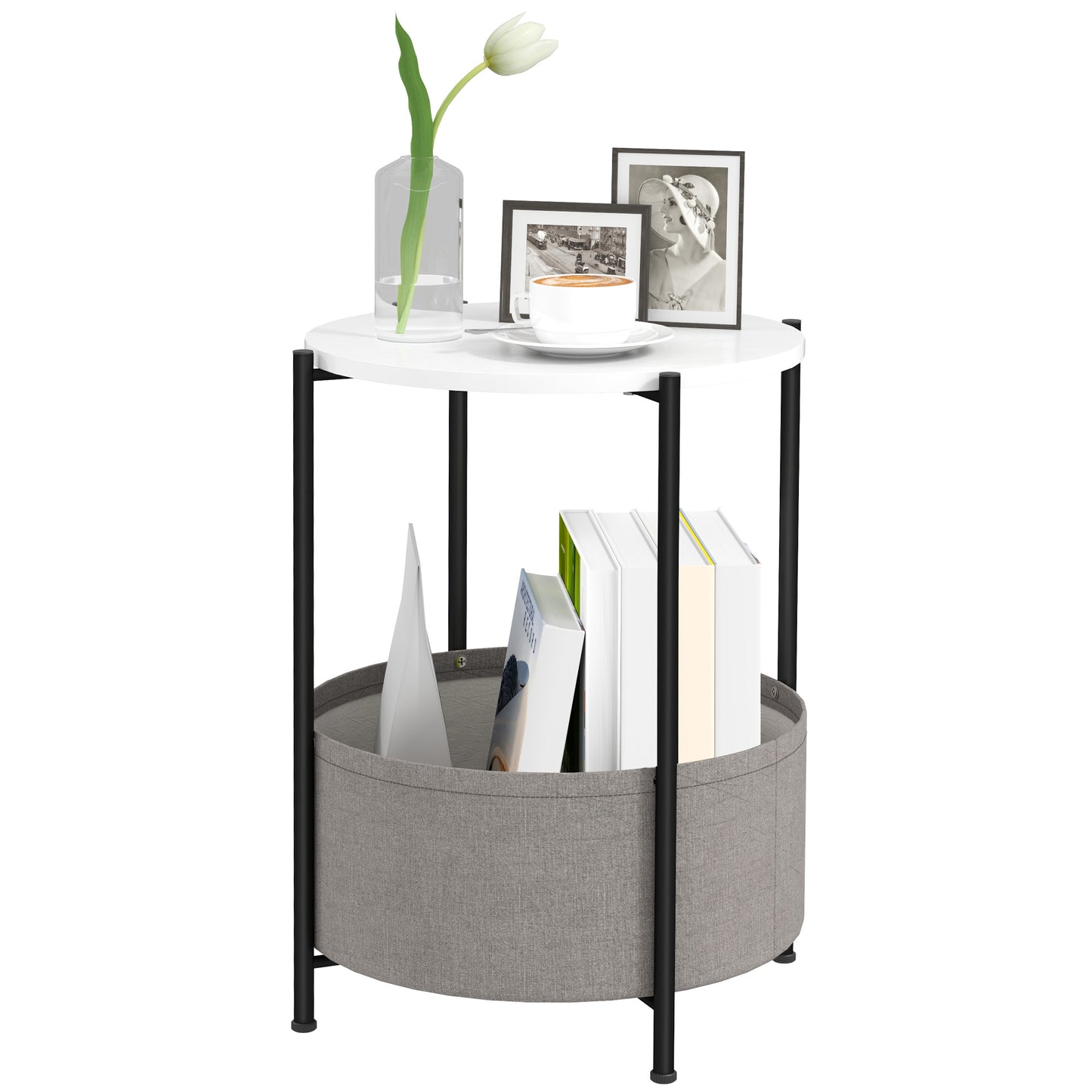 HOMCOM Runder Beistelltisch mit Stoffkorb, 2-stufiger Kaffeetisch für Wohnzimmer, Schlafzimmer, kleine Räume, Metall, Grau+Weiß