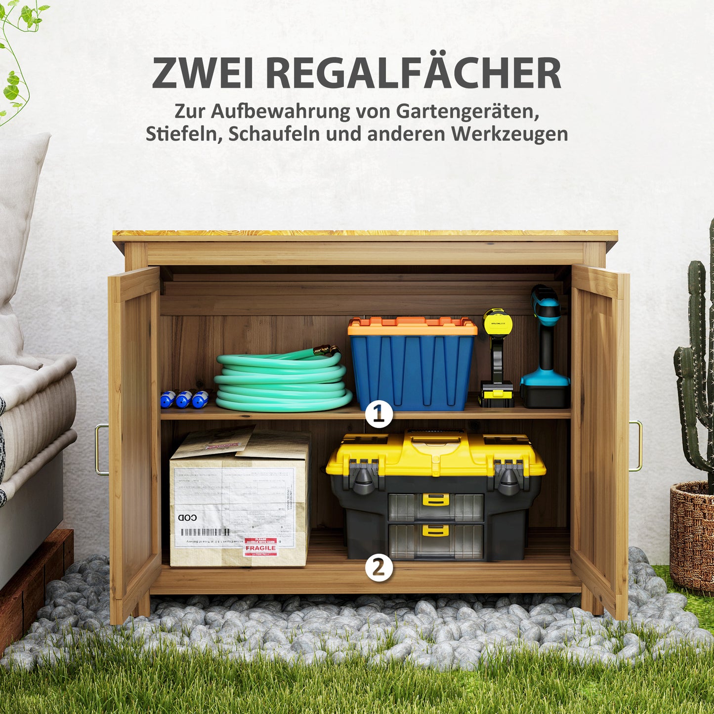 Outsunny Gartenschrank, Holzkommode mit 2 Regalen für Garten, Terrasse, Wetterfest, 110 x 50 x 85 cm, Braun