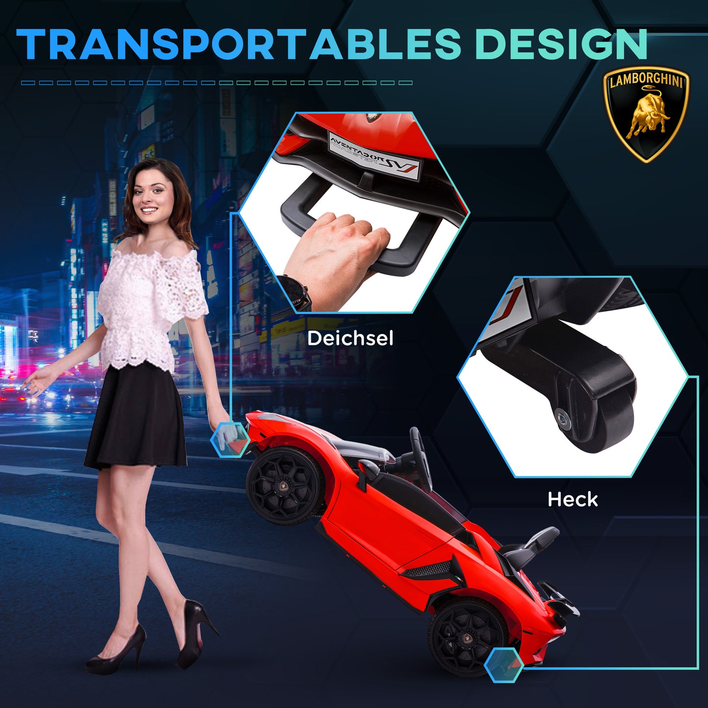 HOMCOM Elektro-Kinderauto, lizenzierter Lamborghini Aventador, Flügeltüren, Musik, Hupe, für 3-5 Jahre, rot