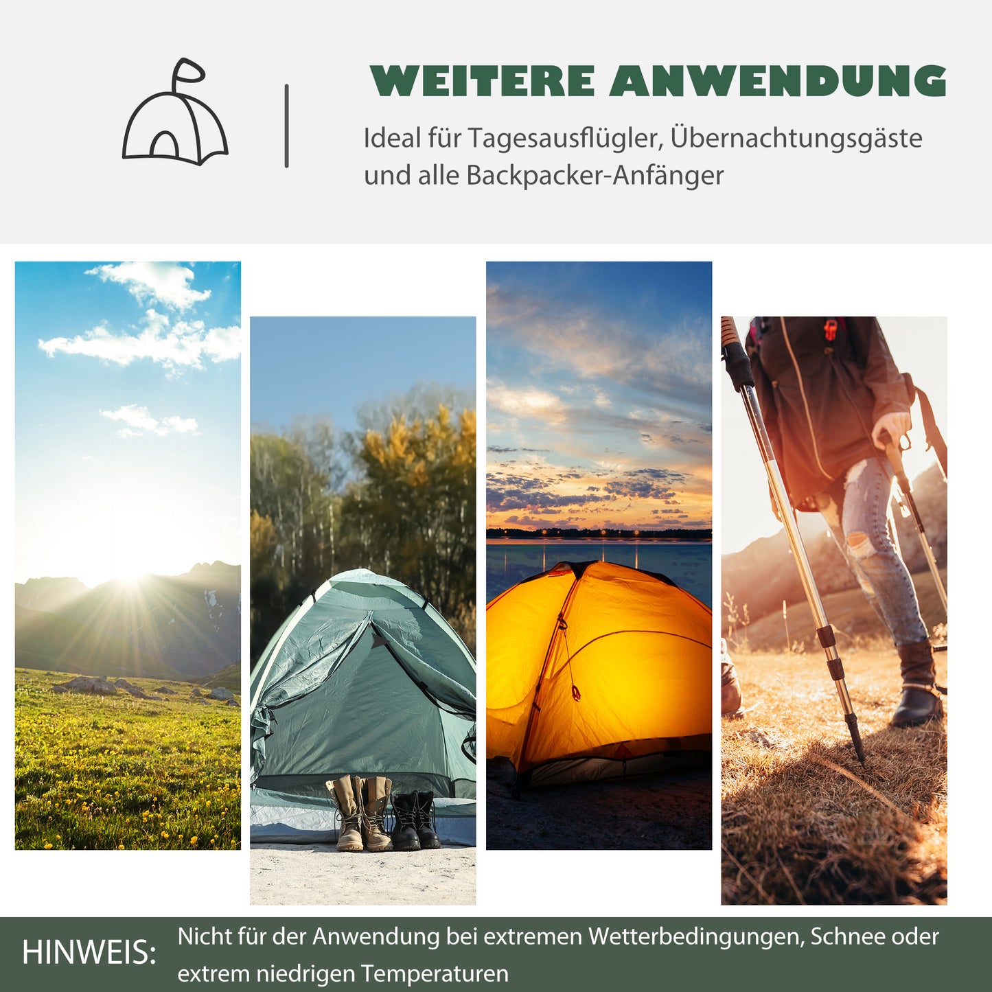Outsunny Zelt für 2 Personen 190T Campingzelt mit Heringen Kuppelzelt Glasfaser Polyester Grün+Gelb 325 x 183 x 130 cm
