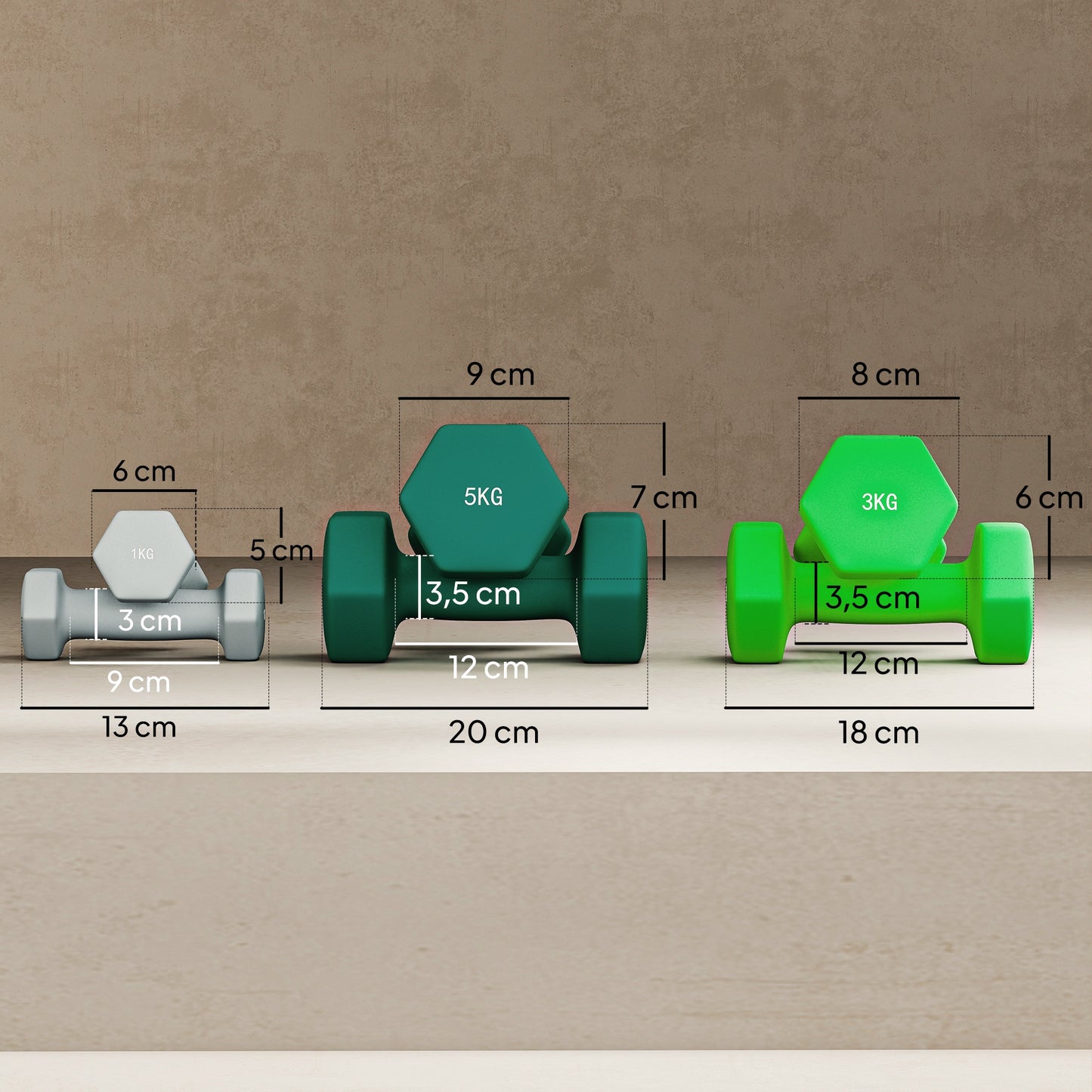 SPORTNOW Hantelset mit Aufbewahrungsgestell, Set mit 6 Hanteln für Fitness-Training, 2 x 1kg, 2 x 3kg, 2 x 5kg