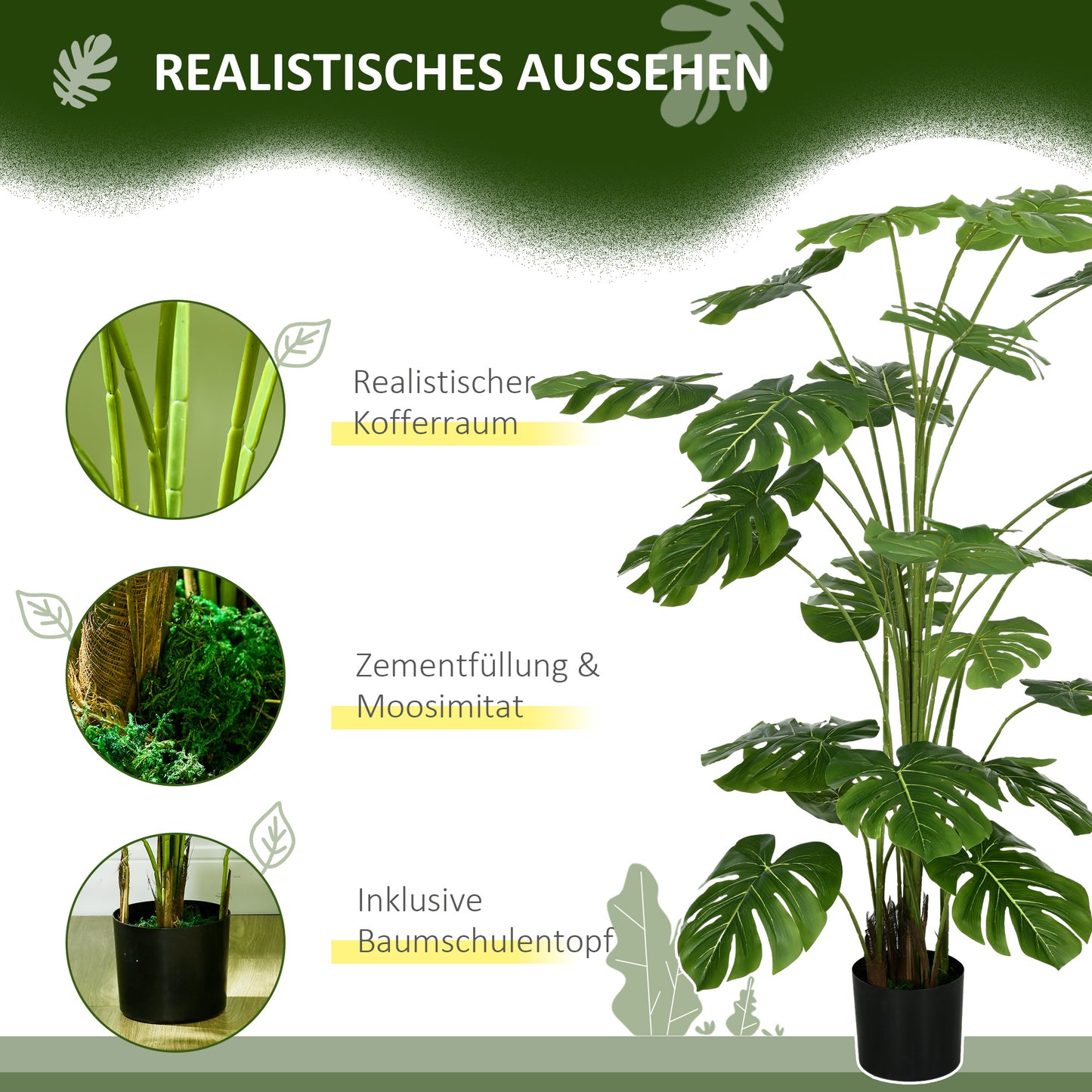 HOMCOM 180 cm Kunstpflanze, mit Übertopf, Kunstmoos, Zimmerpflanze für Wohnzimmer, realistischer Look, Grün