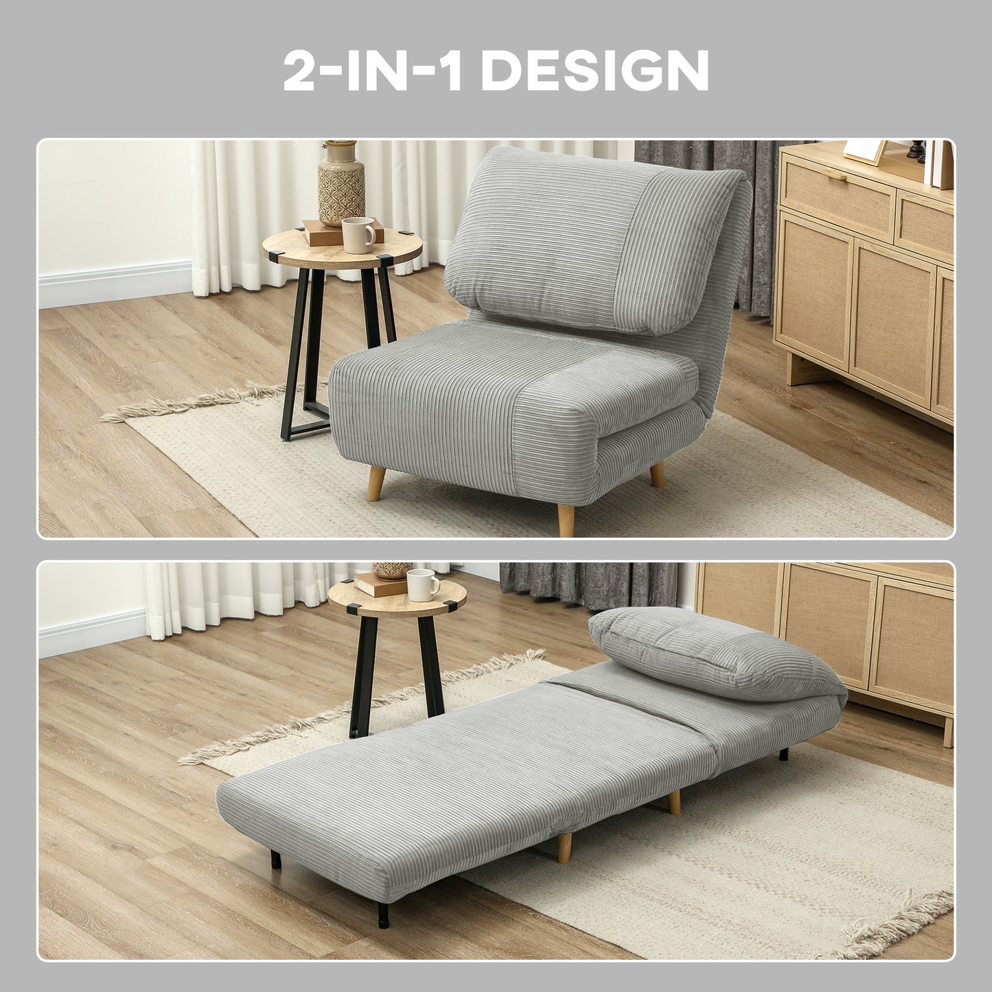 HOMCOM 2-in-1 Schlafsessel Gästebett، verstellbare Kopfstütze Cord-Optik 82 سم × 8 سم × 83 سم غراو