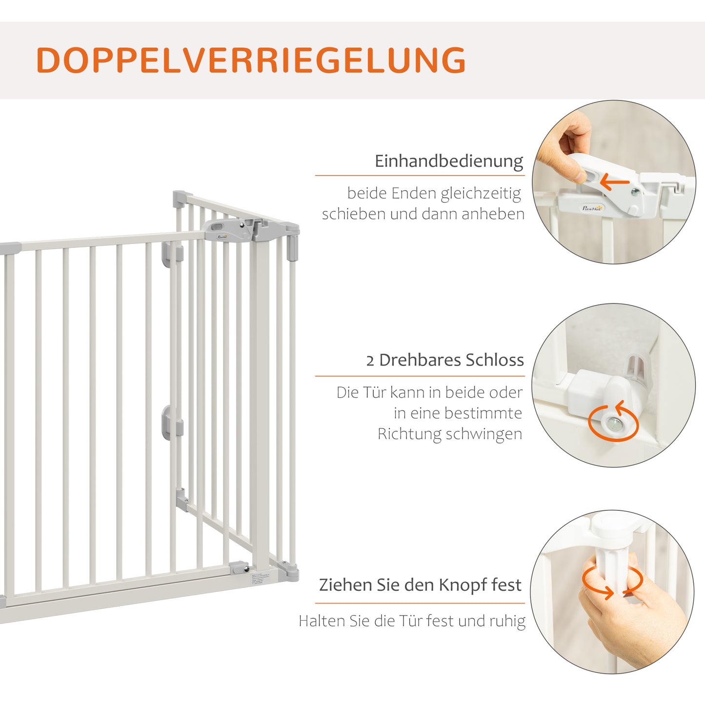 PawHut Hunde Absperrgitter Türschutzgitter Haustierschutzgitter verstellbar klappbar Kamingitter mit automatische schließenden Tür 3 Paneele für Ofen Wandmontage/Freistehend Weiß 202,5 x 76 cm