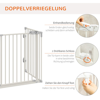 PawHut Hunde Absperrgitter Türschutzgitter Haustierschutzgitter verstellbar klappbar Kamingitter mit automatische schließenden Tür 3 Paneele für Ofen Wandmontage/Freistehend Weiß 202,5 x 76 cm