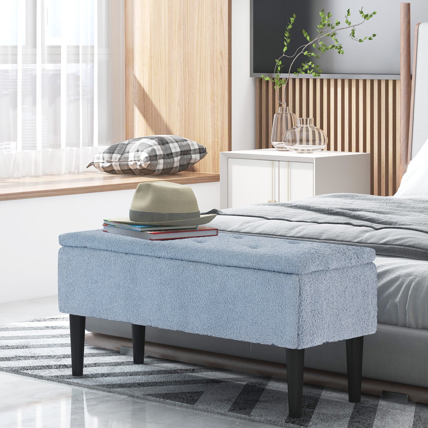 HOMCOM Polsterbank mit Stauraum, Sitztruhe, Kaschmiroptik, bis 120 kg, Naturholzrahmen, 95 x 38 x 45 cm, Blau