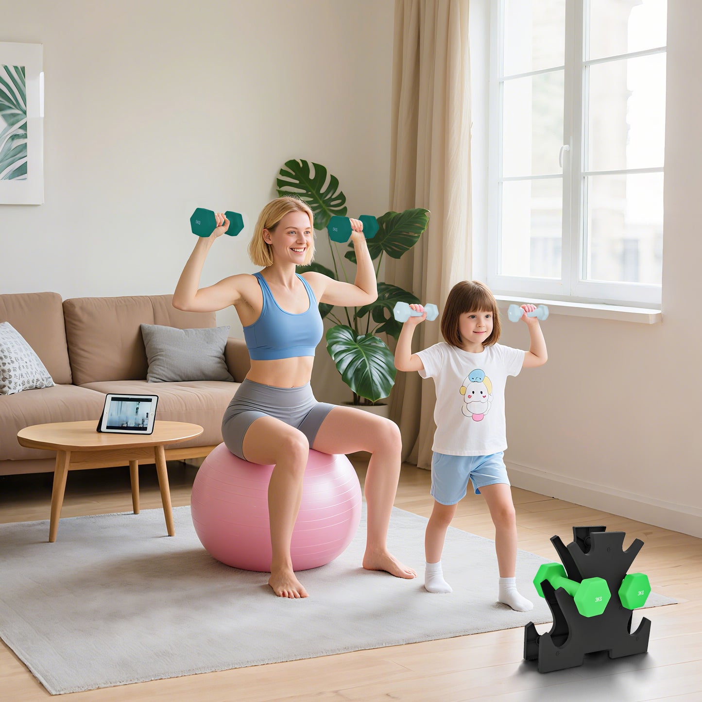 SPORTNOW Hantelset mit Aufbewahrungsgestell, Set mit 6 Hanteln für Fitness-Training, 2 x 1kg, 2 x 3kg, 2 x 5kg