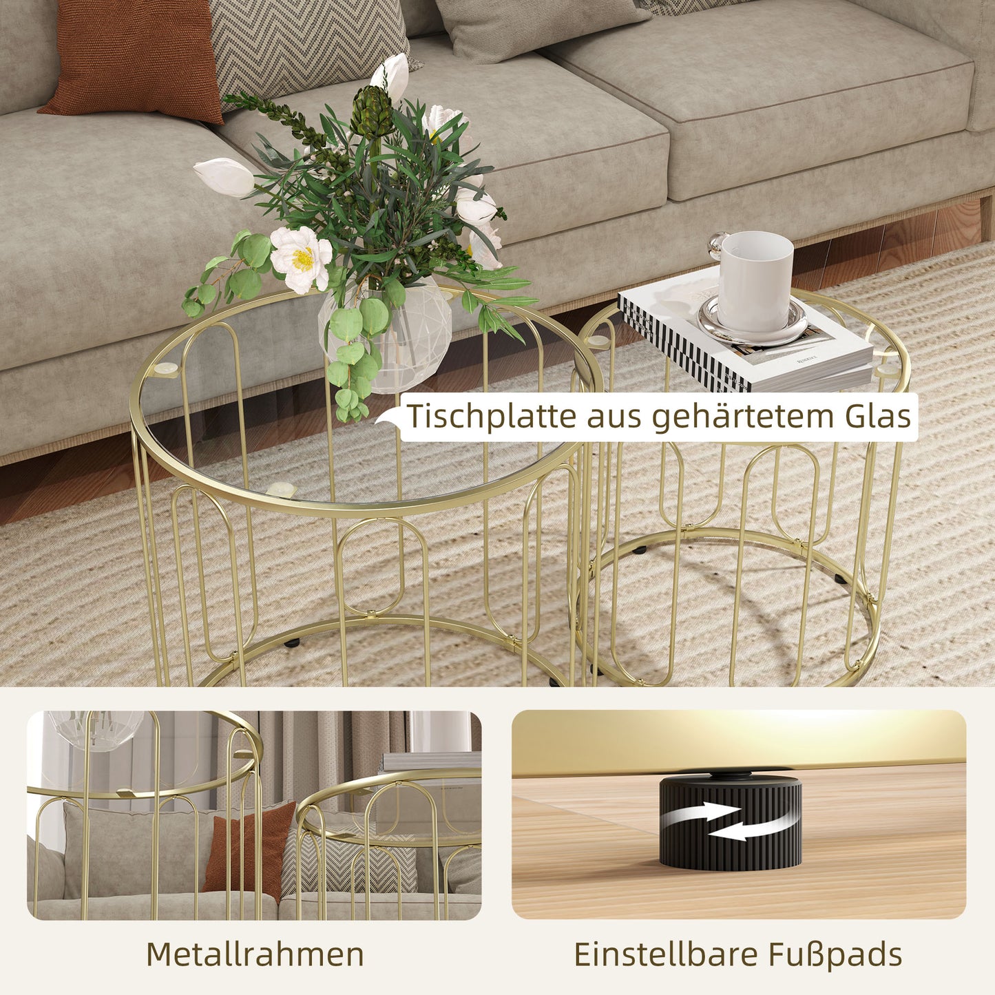 HOMCOM 2er-Set Glastische, ineinander verschiebbar, Glasplatten, Metallgestell, Goldfarben