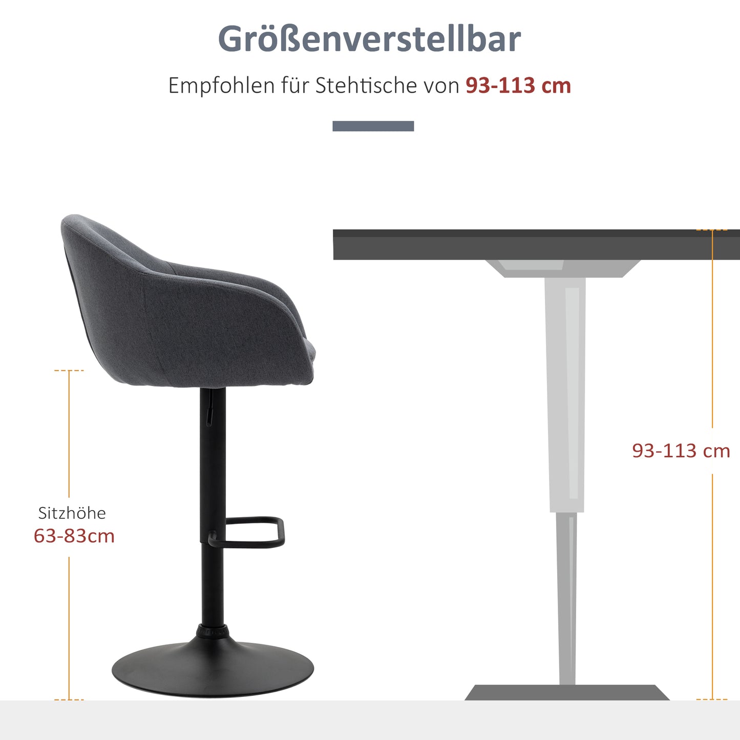 HOMCOM Barhocker höhenverstellbar mit Lehne und mit Fußstütze; Leinenoptik, 54 cm x 54 cm x 112 cm, Grau