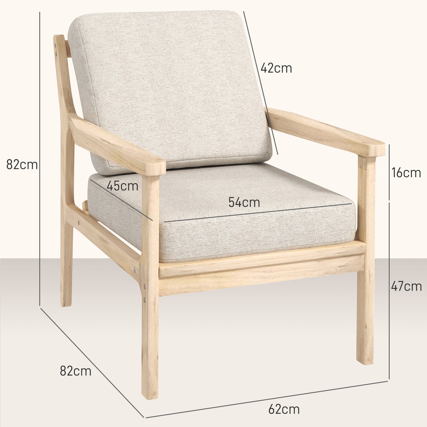 HOMCOM Polsterstuhl mit Armlehnen, solidem Holzrahmen und abnehmbaren Kissen, für Wohnzimmer, Schlafzimmer, Beige