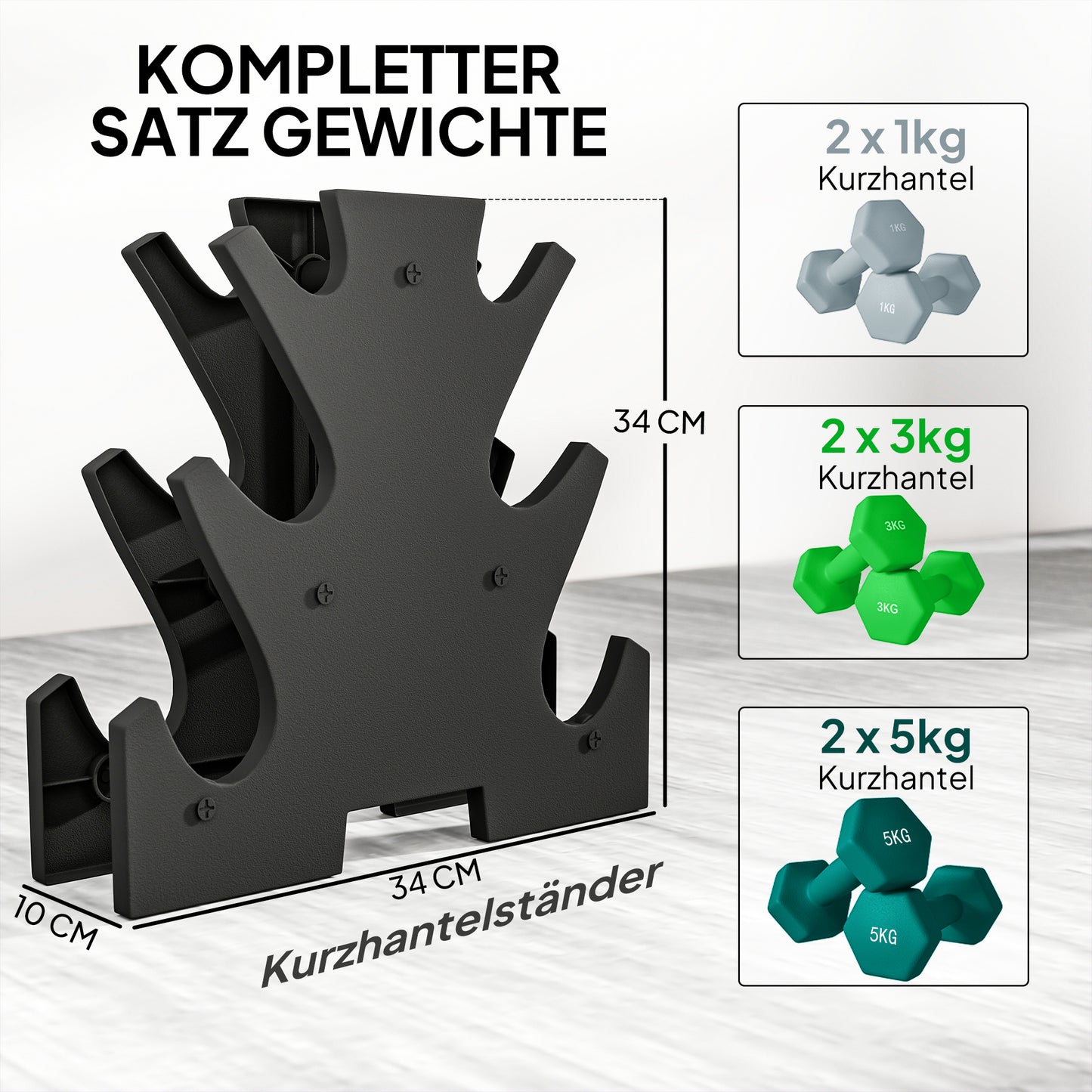 SPORTNOW Hantelset mit Aufbewahrungsgestell, Set mit 6 Hanteln für Fitness-Training, 2 x 1kg, 2 x 3kg, 2 x 5kg