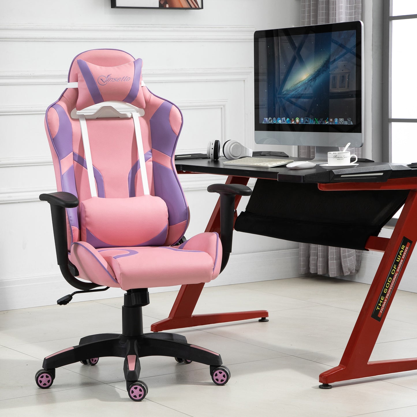 Vinsetto Ergonomischer Gaming Stuhl Bürostuhl Drehstuhl Verstellbares Massage Lendenkissen Höhenverstellbar Rosa&Violett 69x56x125,5 cm